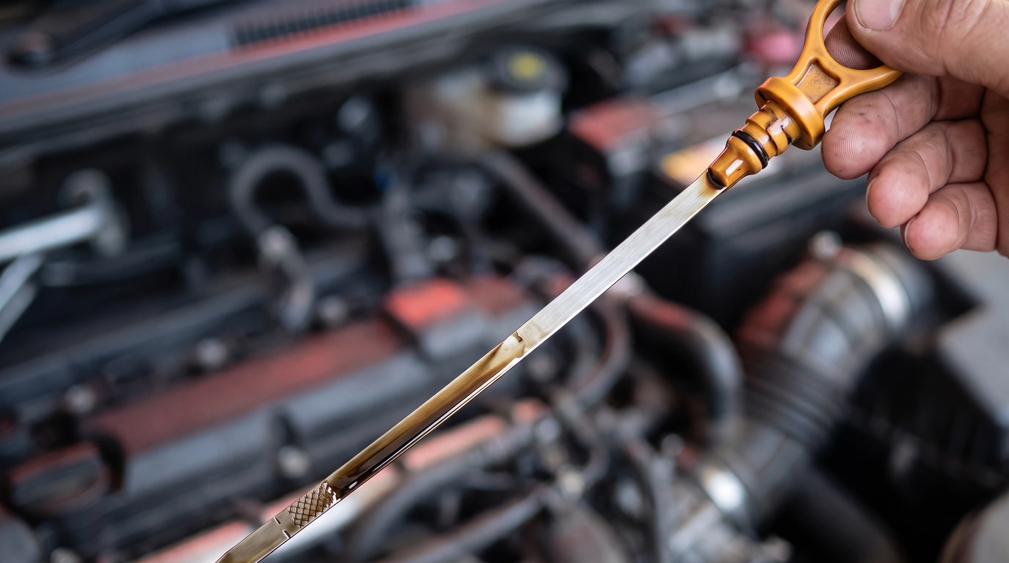 Close-up of a long, thin engine oil dipstick pulled from an engine bay, showing worn dark oil on the lower blade