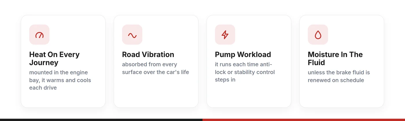 What wears out a VW Passat TRW ABS module: heat on every journey, road vibration, pump workload, and moisture in the brake fluid