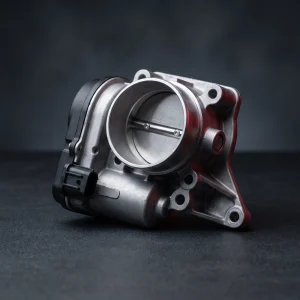 Electronic drive-by-wire throttle body assembly showing the round bore, butterfly plate and motor housing