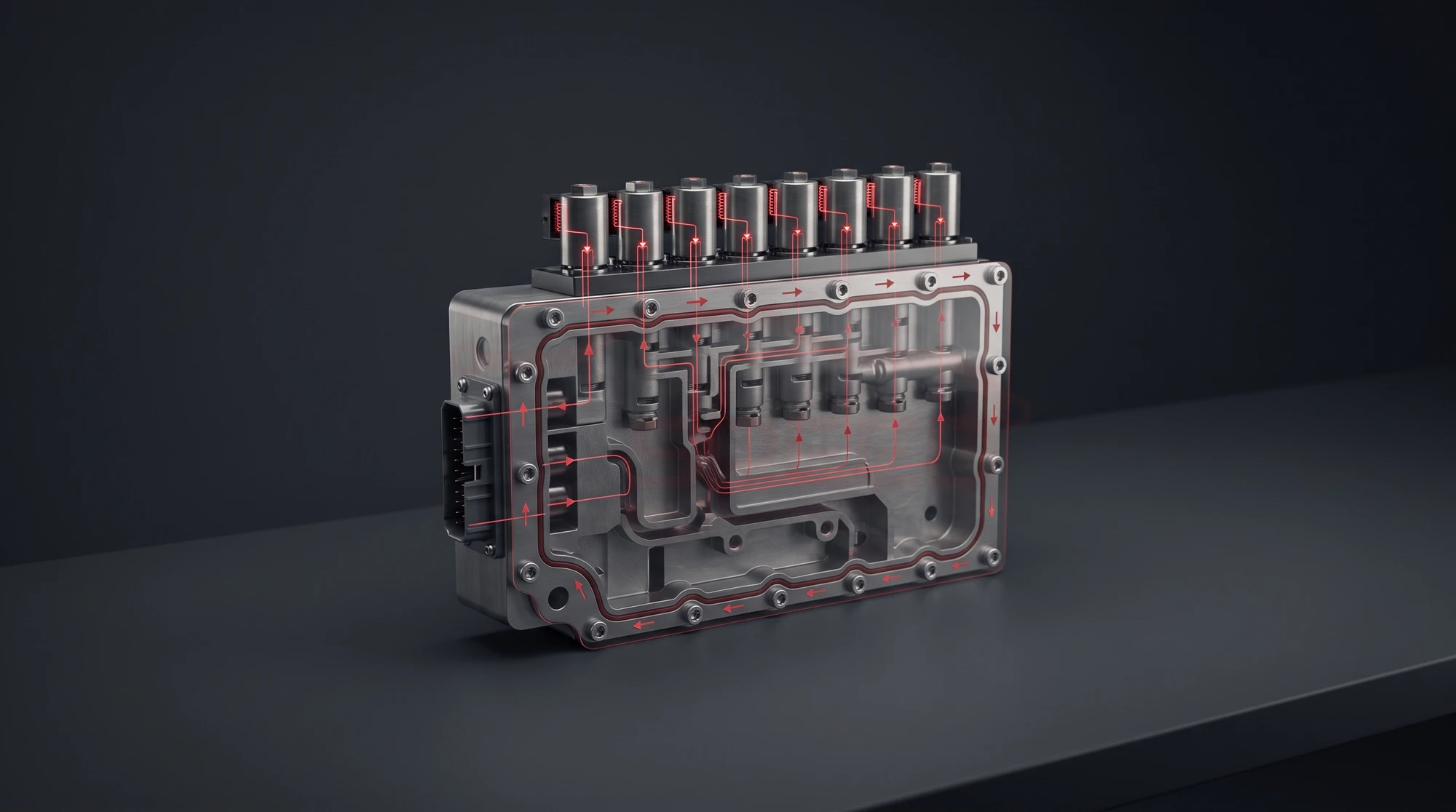 Stylised cutaway technical illustration of a transmission valve body and mechatronic control unit, showing hydraulic pressure pathways routed through internal bores to a row of solenoid valves