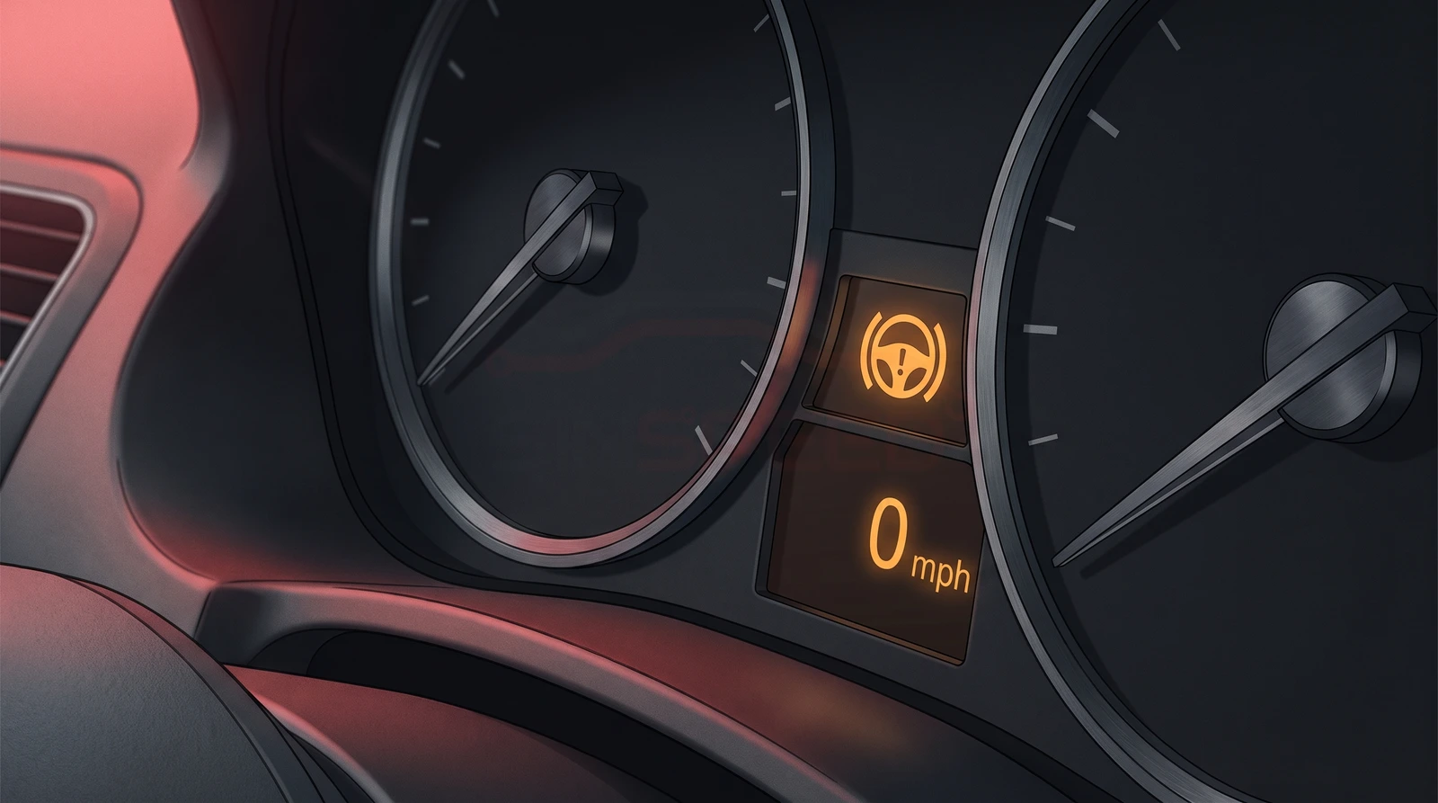 Close-up illustration of an amber steering-wheel EPS warning lamp lit on a right-hand-drive instrument cluster next to a speed display in mph