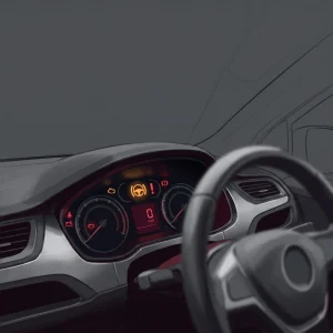 Illustration of a right-hand-drive Vauxhall Meriva-style dashboard at night with the amber steering-wheel EPS warning lamp lit among other warning icons, speedometer reading in mph
