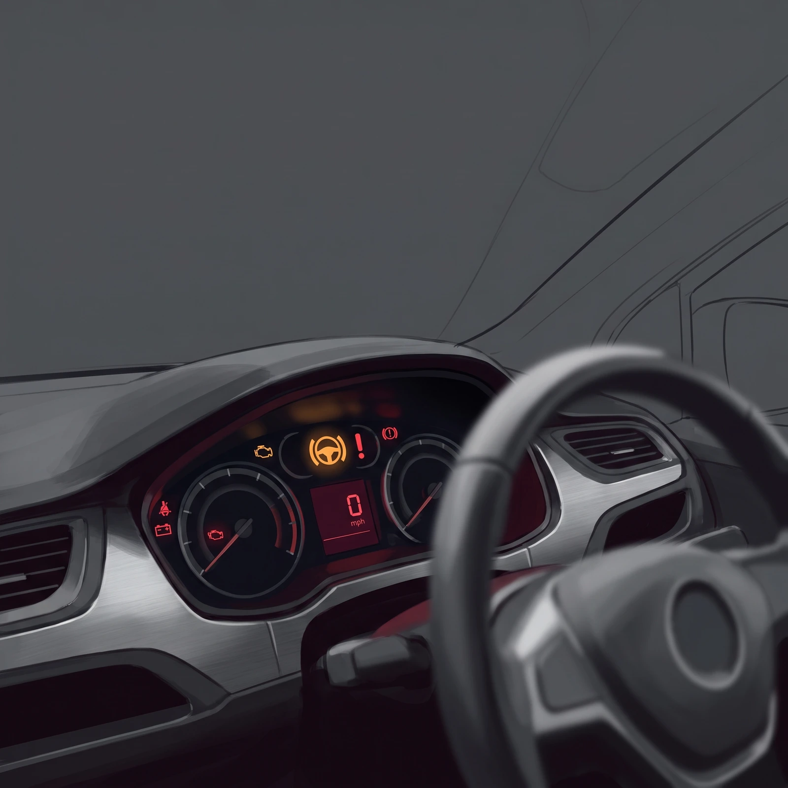 Illustration of a right-hand-drive Vauxhall Meriva-style dashboard at night with the amber steering-wheel EPS warning lamp lit among other warning icons, speedometer reading in mph