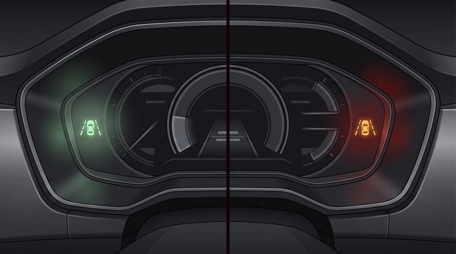 Split illustration of a lane-departure warning icon glowing calm green on one side to show a driver-assistance system ready, and steady amber on the other side to show a genuine fault