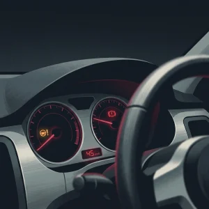 Illustration of a right-hand-drive Vauxhall Mokka-style dashboard at night with an amber power-steering warning lamp and a red brake warning lamp lit among the dials, speedometer reading in mph