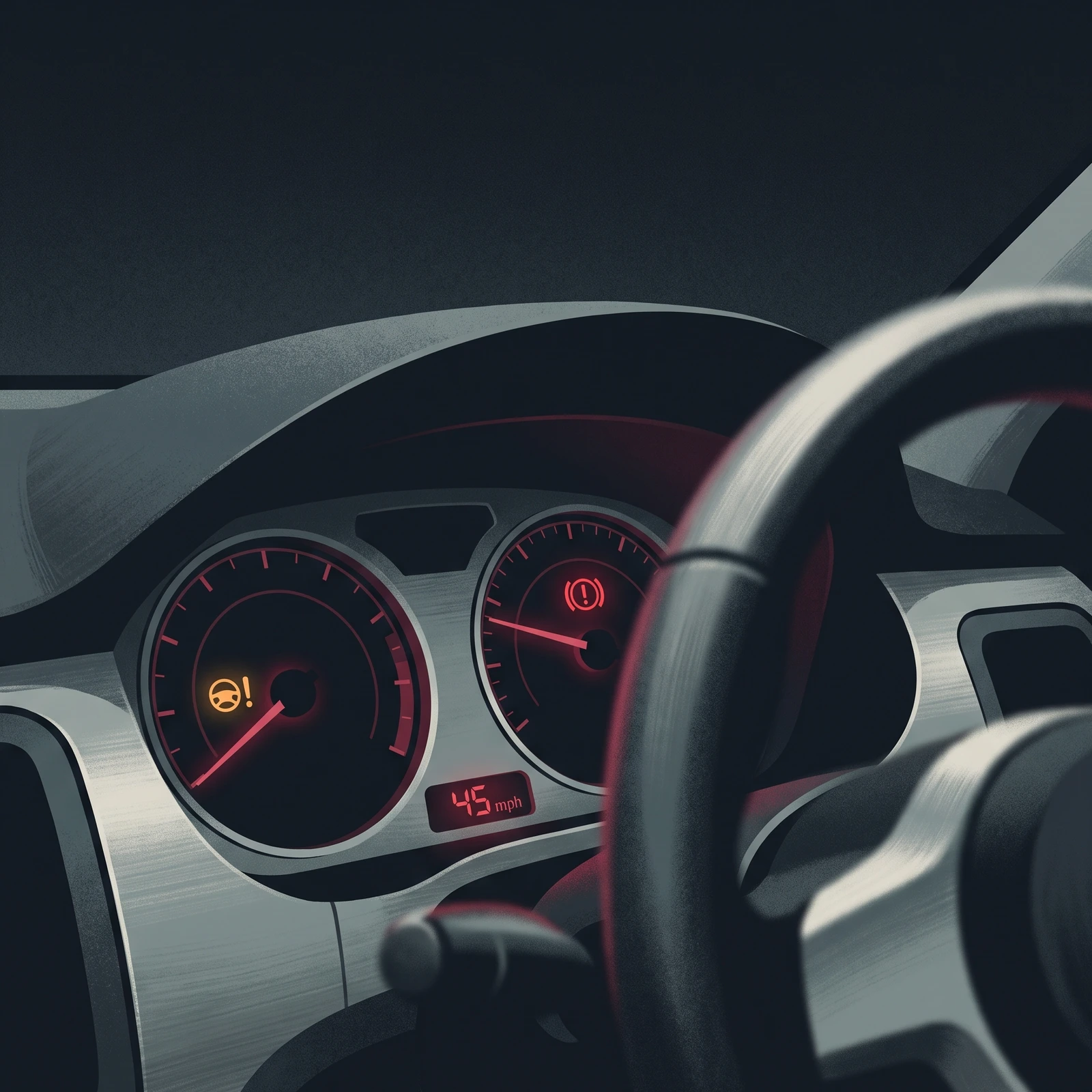 Illustration of a right-hand-drive Vauxhall Mokka-style dashboard at night with an amber power-steering warning lamp and a red brake warning lamp lit among the dials, speedometer reading in mph
