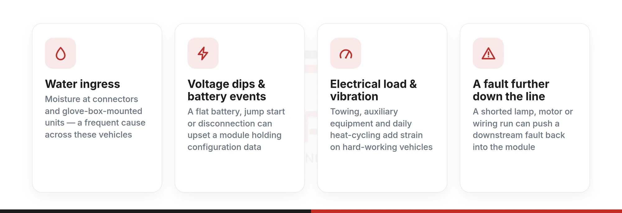 Four causes of body control module failure: water ingress, voltage dips, electrical load and vibration, and downstream faults