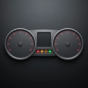 Illustration of a car instrument cluster with two round dials and a row of red, amber and green warning lights
