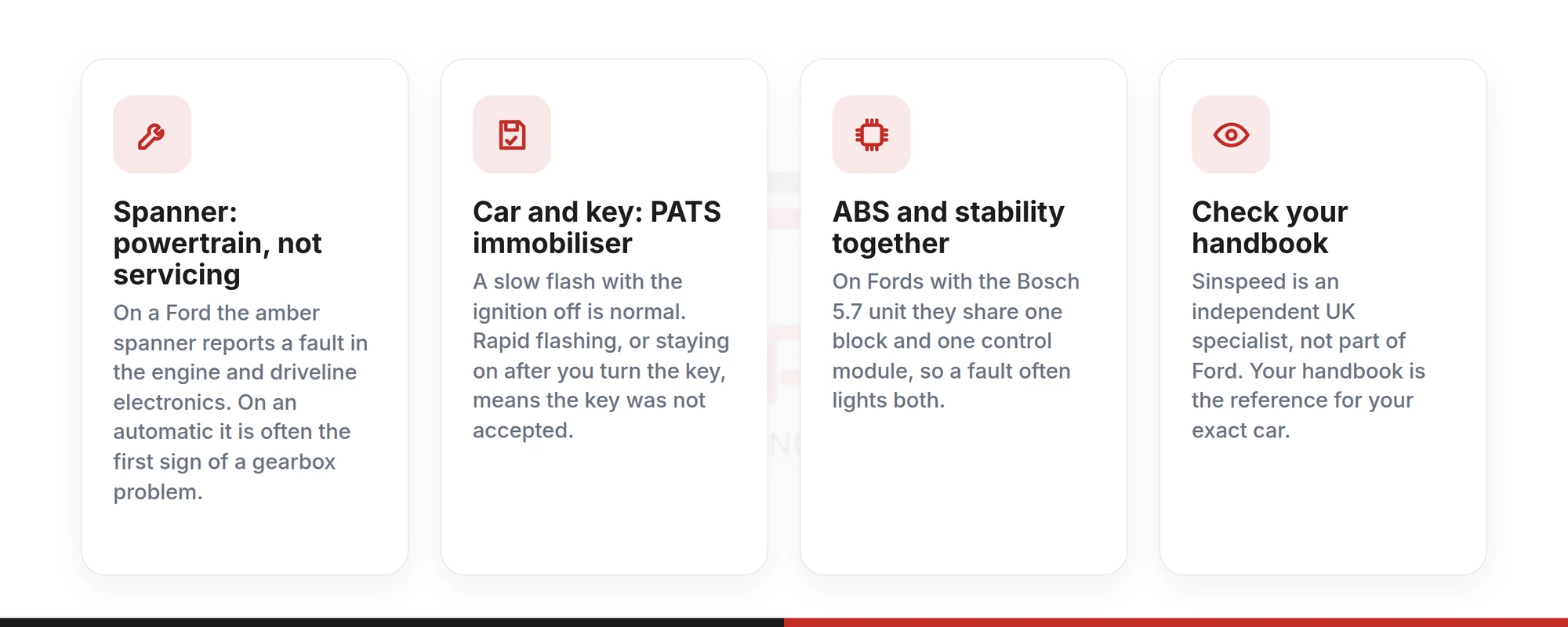 Ford-specific warning lights: the powertrain spanner, the PATS car-and-key light, and ABS with stability control together